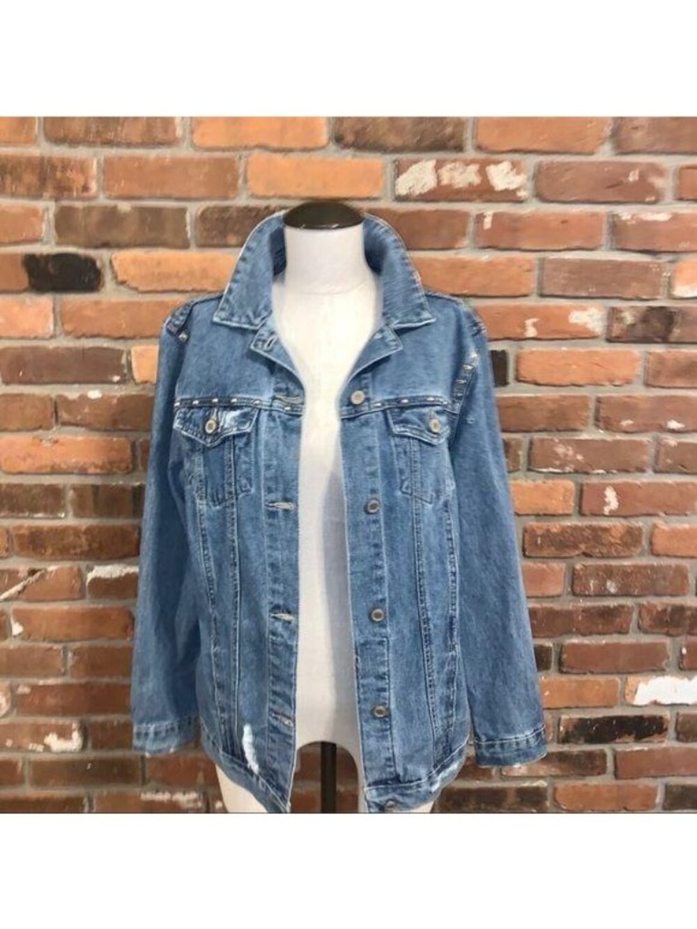 Boom Boom Womens Distressed Studded Blue Denim Boyfriend Jacket Size Small
